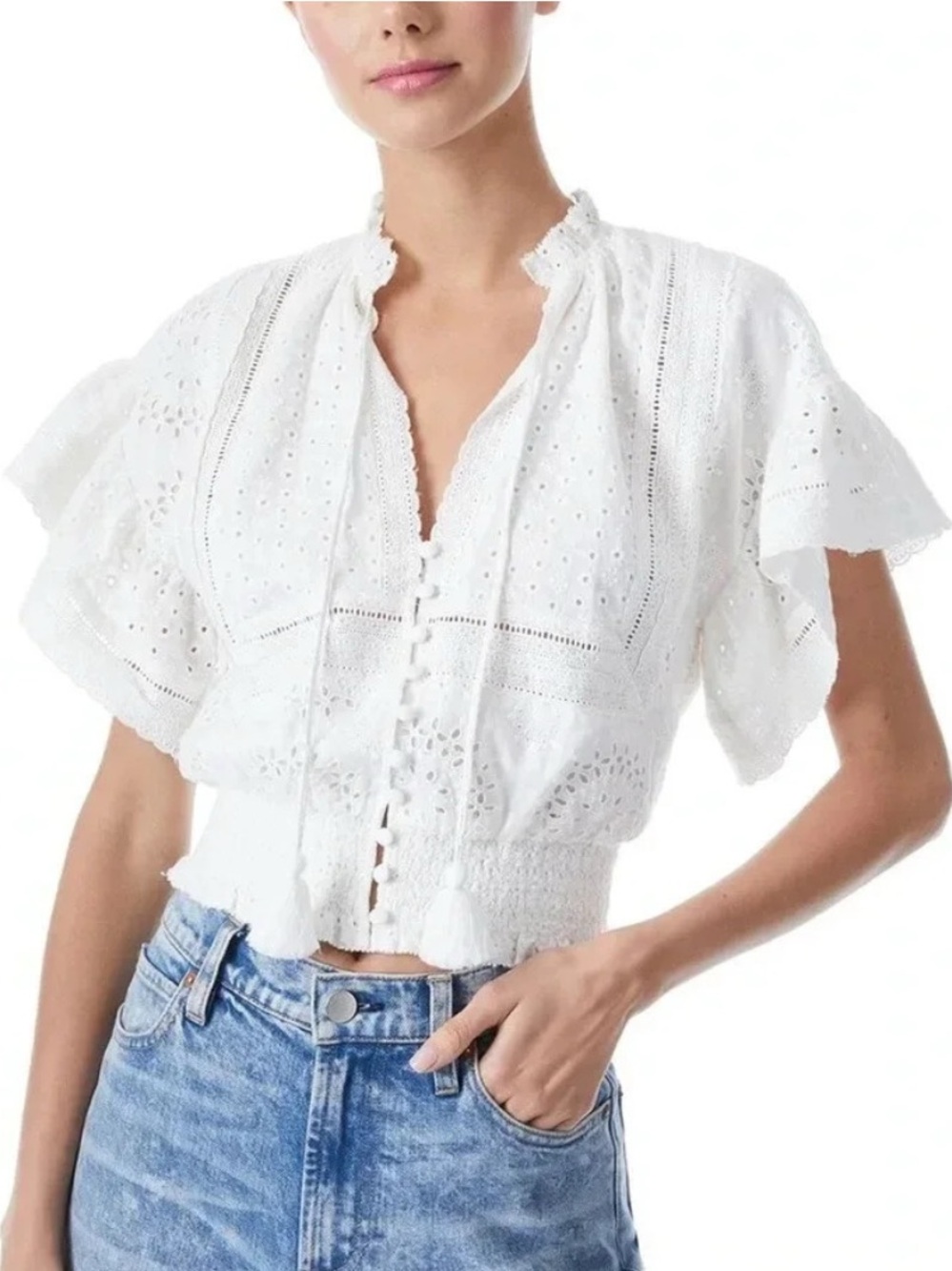 Alice + Olivia Tabitha Eyelet-Embroidered Broderie Smocked Flutter Sleeve Top